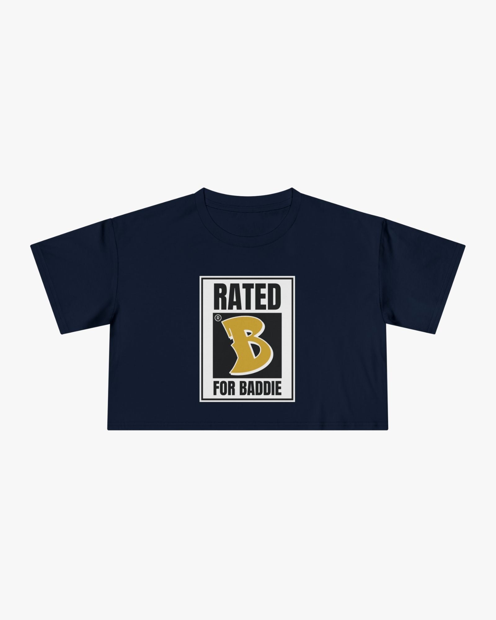 Navy blue t-shirt with 'Rated B for Baddie' graphic on a white background