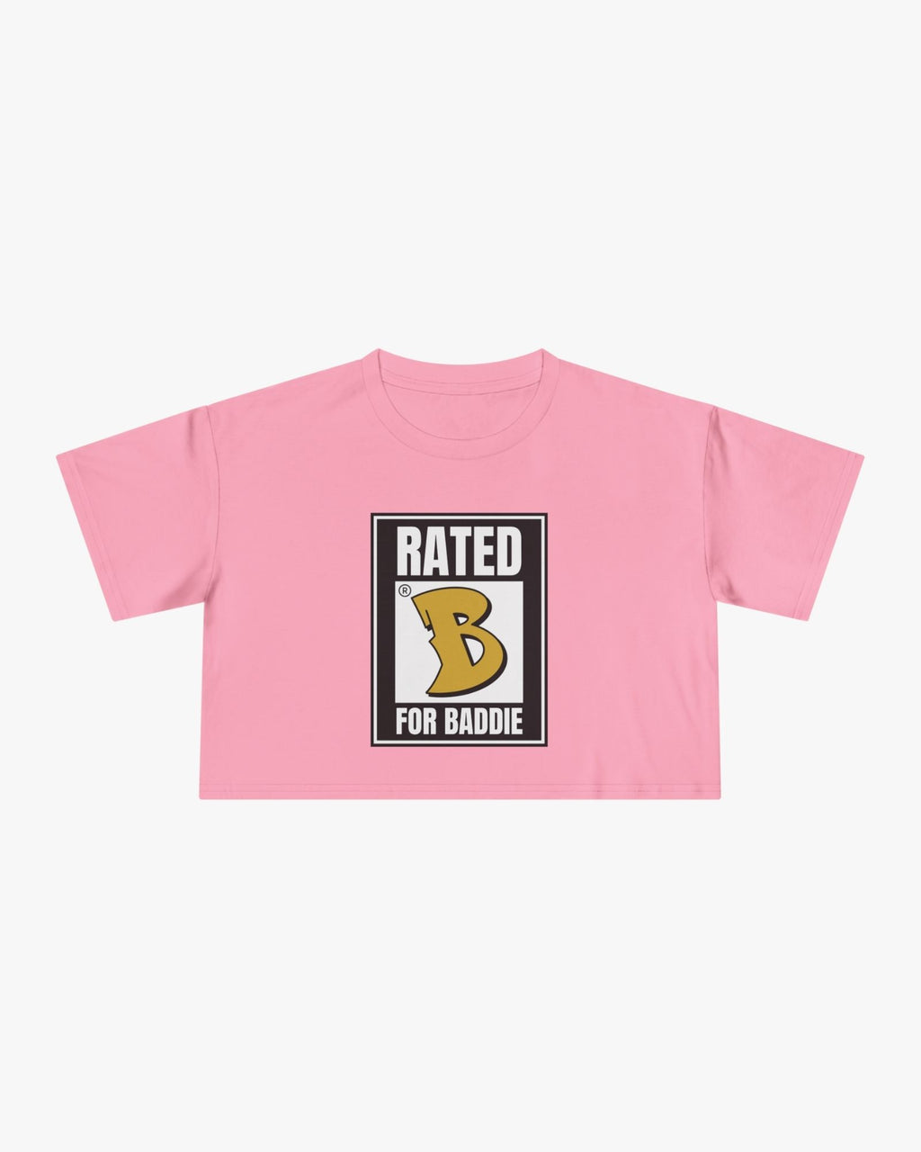 Pink t-shirt with a graphic rating label on a white background