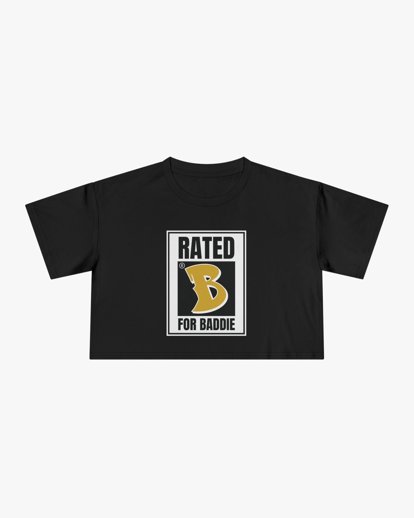 Black t-shirt with 'Rated B for Badgie' graphic on a white background