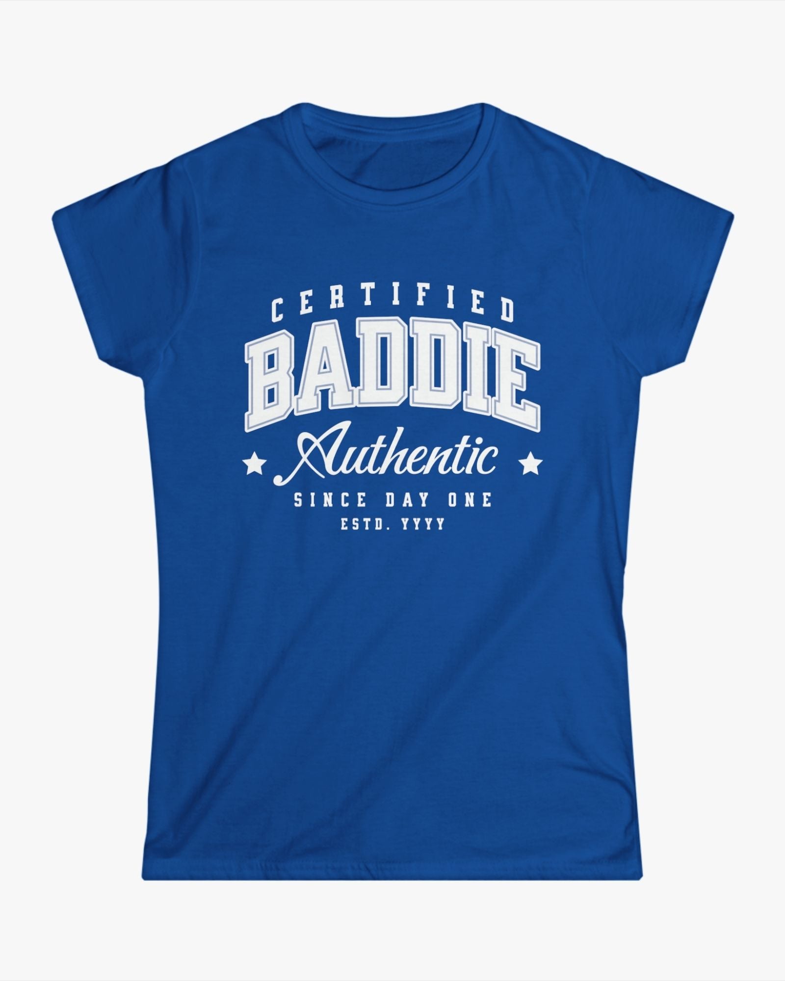 Blue t-shirt with white text on a white background