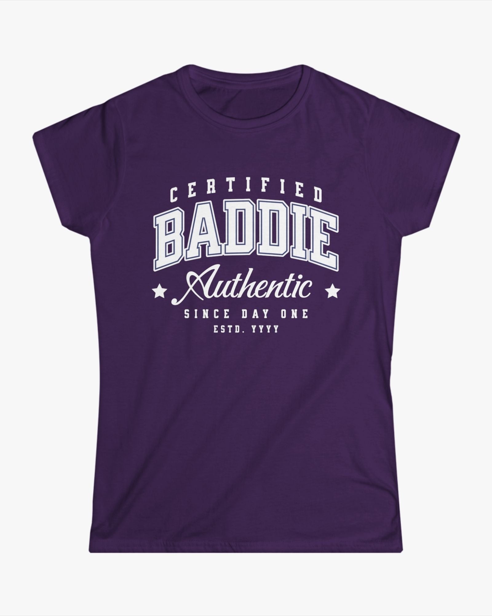 Purple t-shirt with white text on a white background