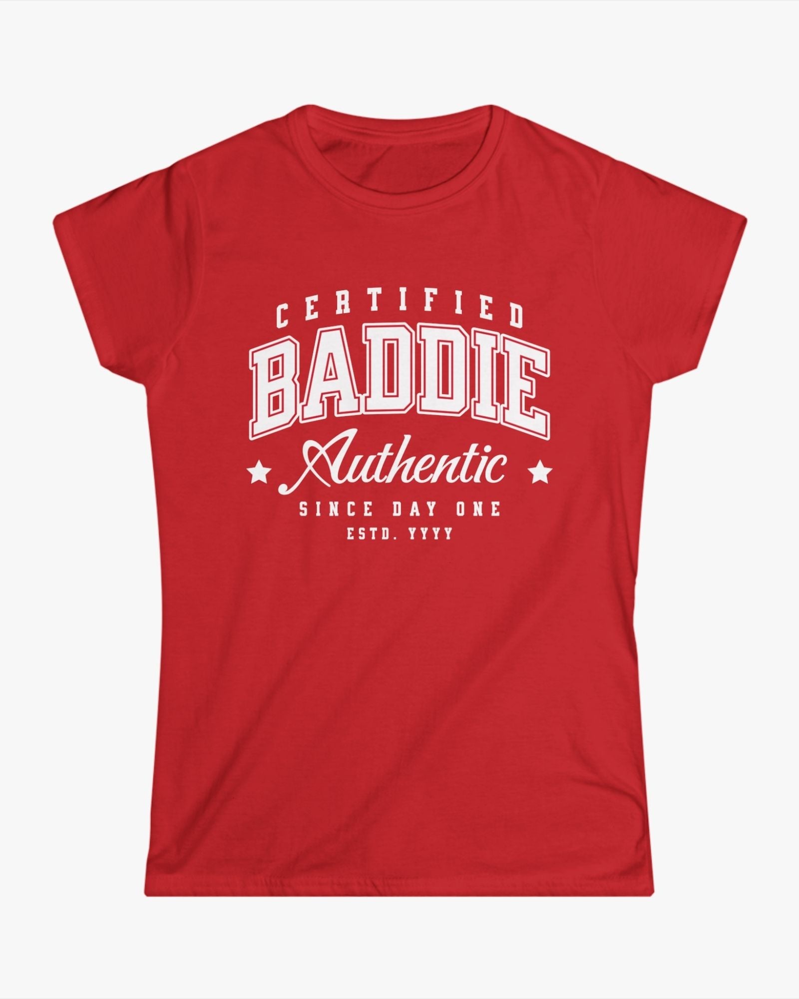 Red t-shirt with white text on a white background