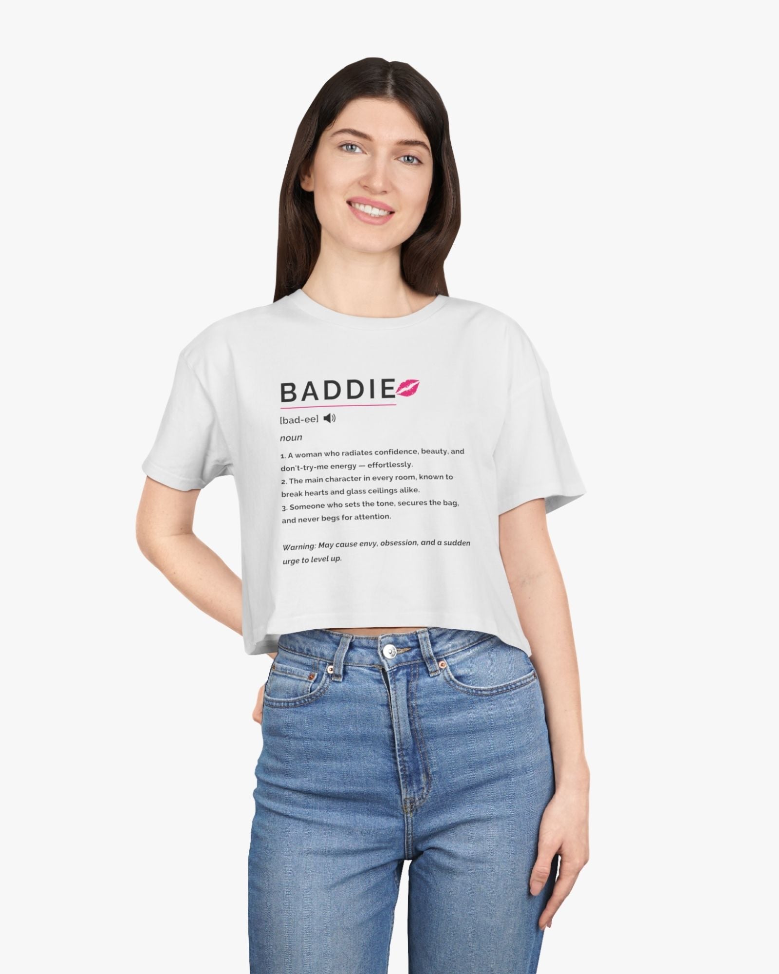 Woman wearing a white t-shirt with 'BADDIE' definition text on a white background