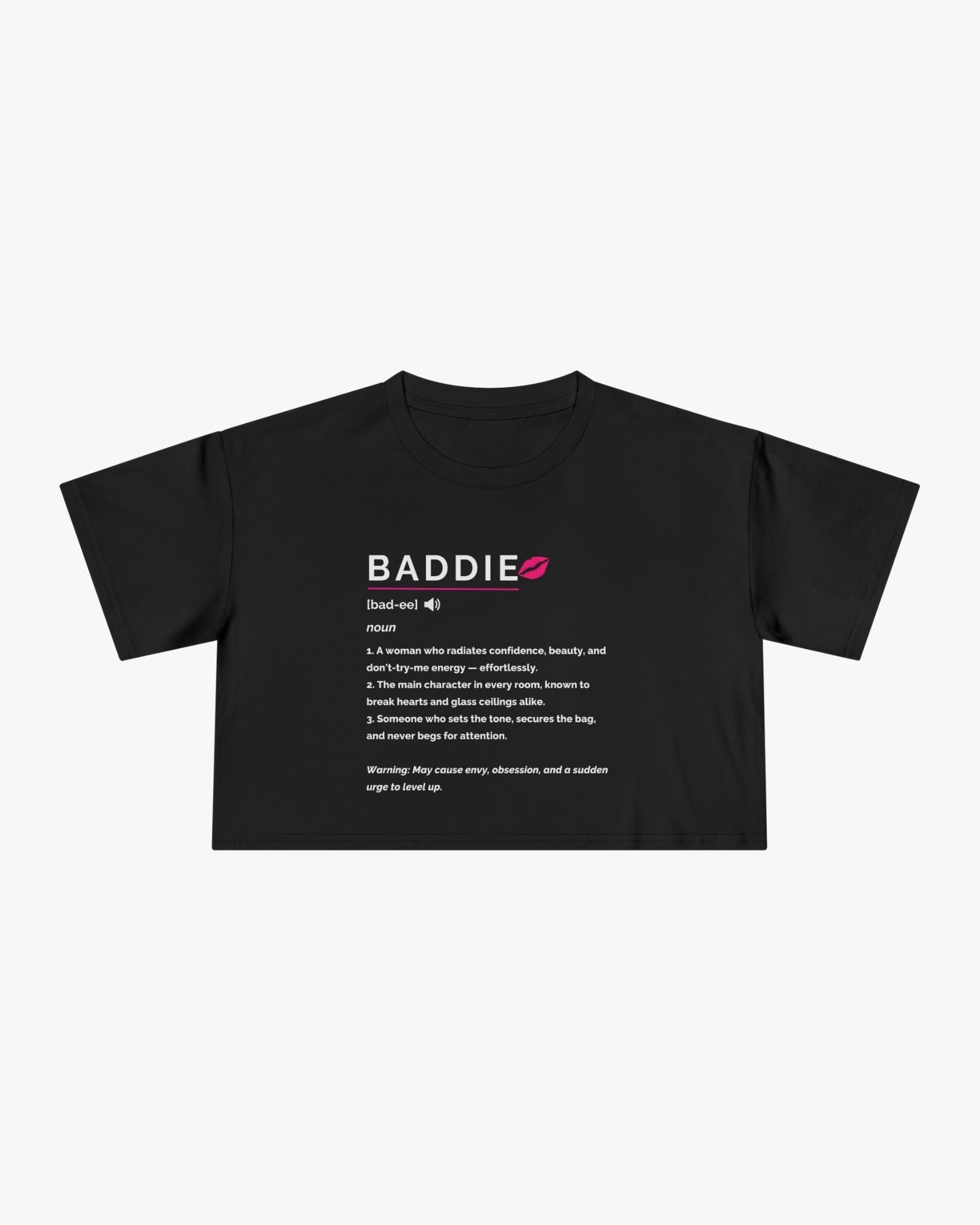 Black t-shirt with 'BADDIE' definition text on a white background