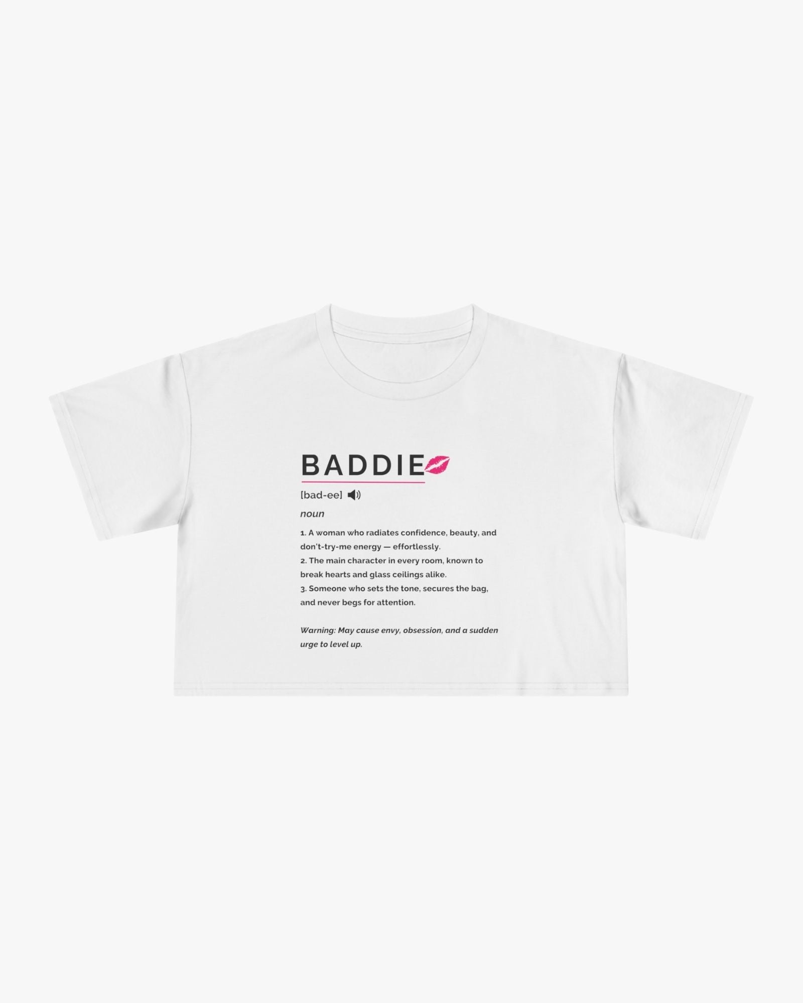 White t-shirt with text and graphic on a white background
