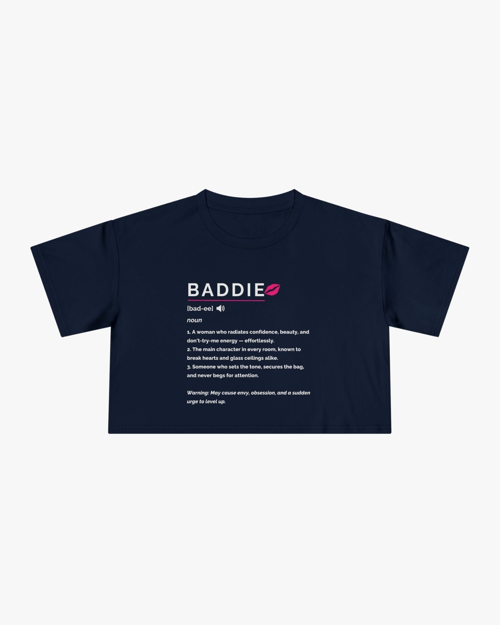 Navy blue t-shirt with 'BADDIE' definition text on a white background