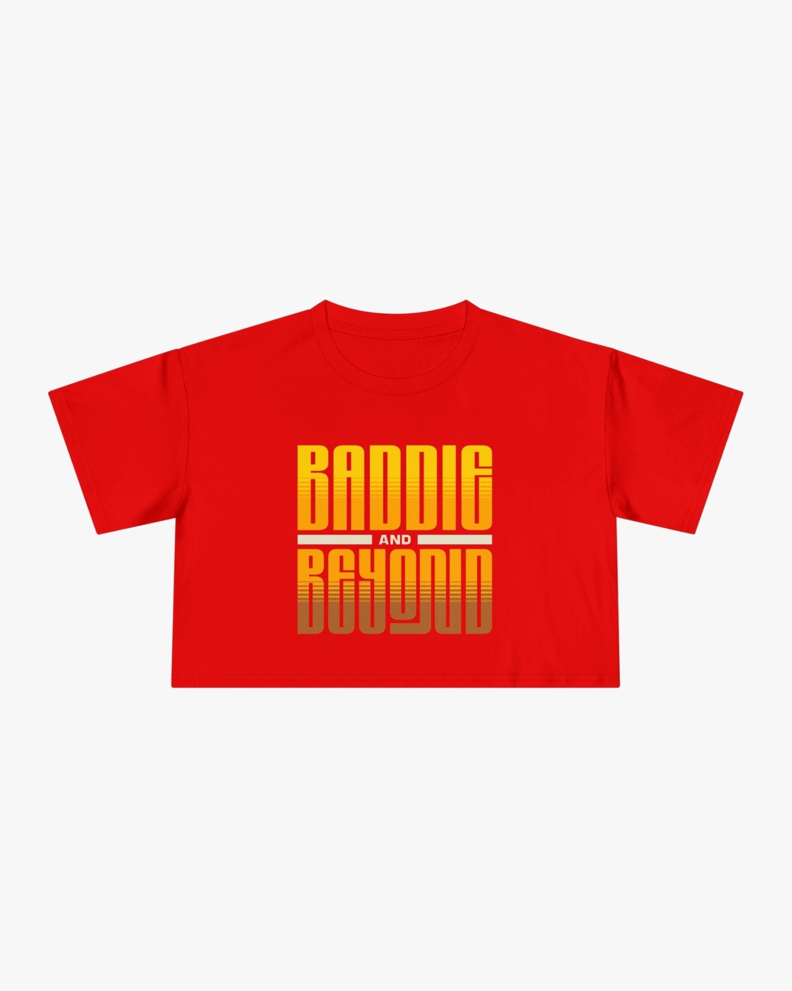 Red t-shirt with 'Baddie and Beyond' text on a white background