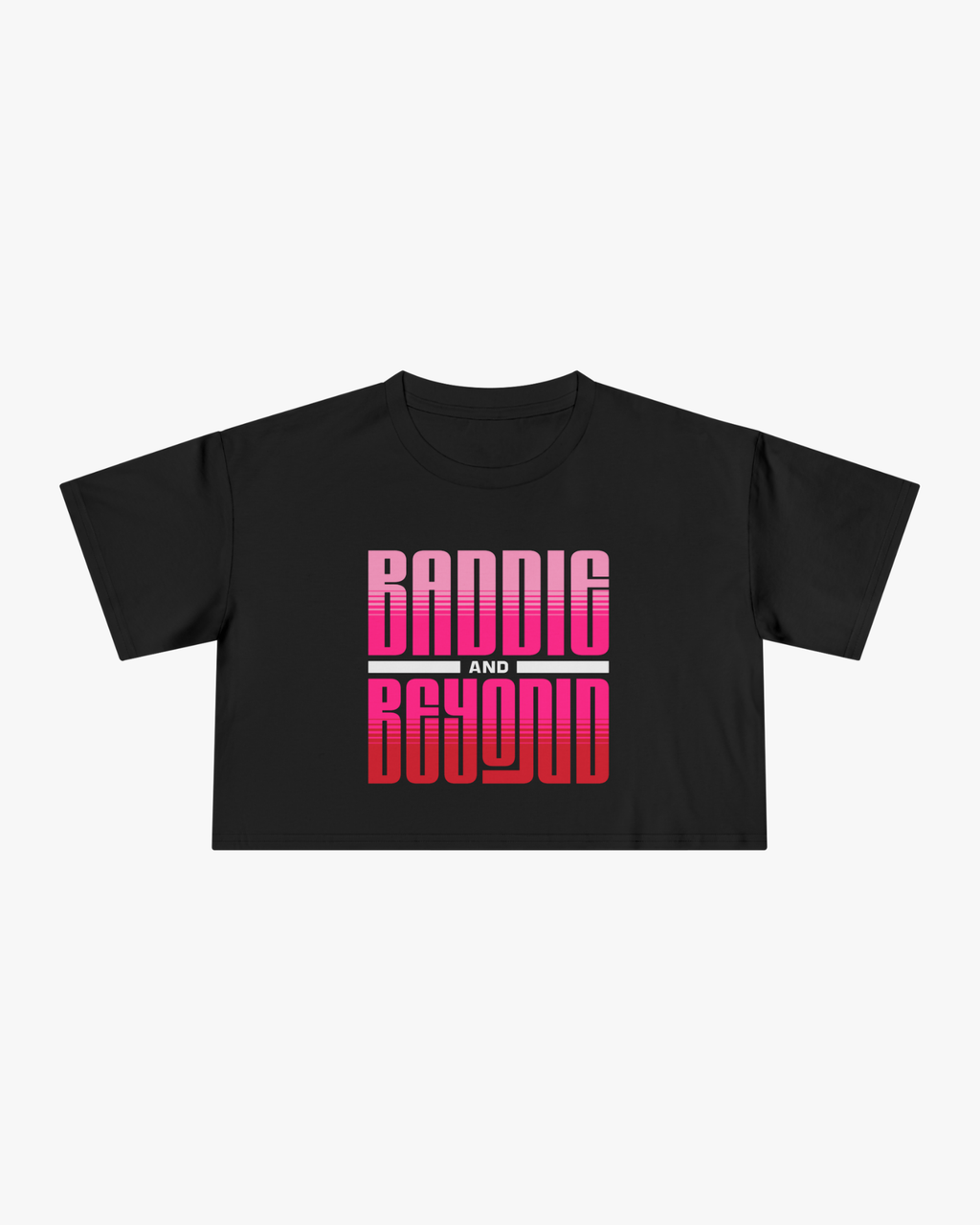 Black t-shirt with 'Baddig and Beyond' text in pink and red on a white background