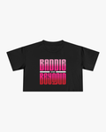 Black t-shirt with 'Baddig and Beyond' text in pink and red on a white background