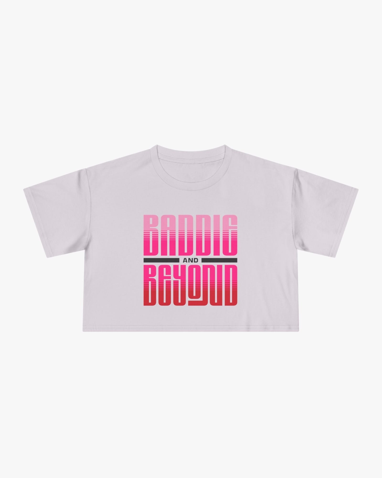 White t-shirt with 'Baddie and Beyond' text design on a white background