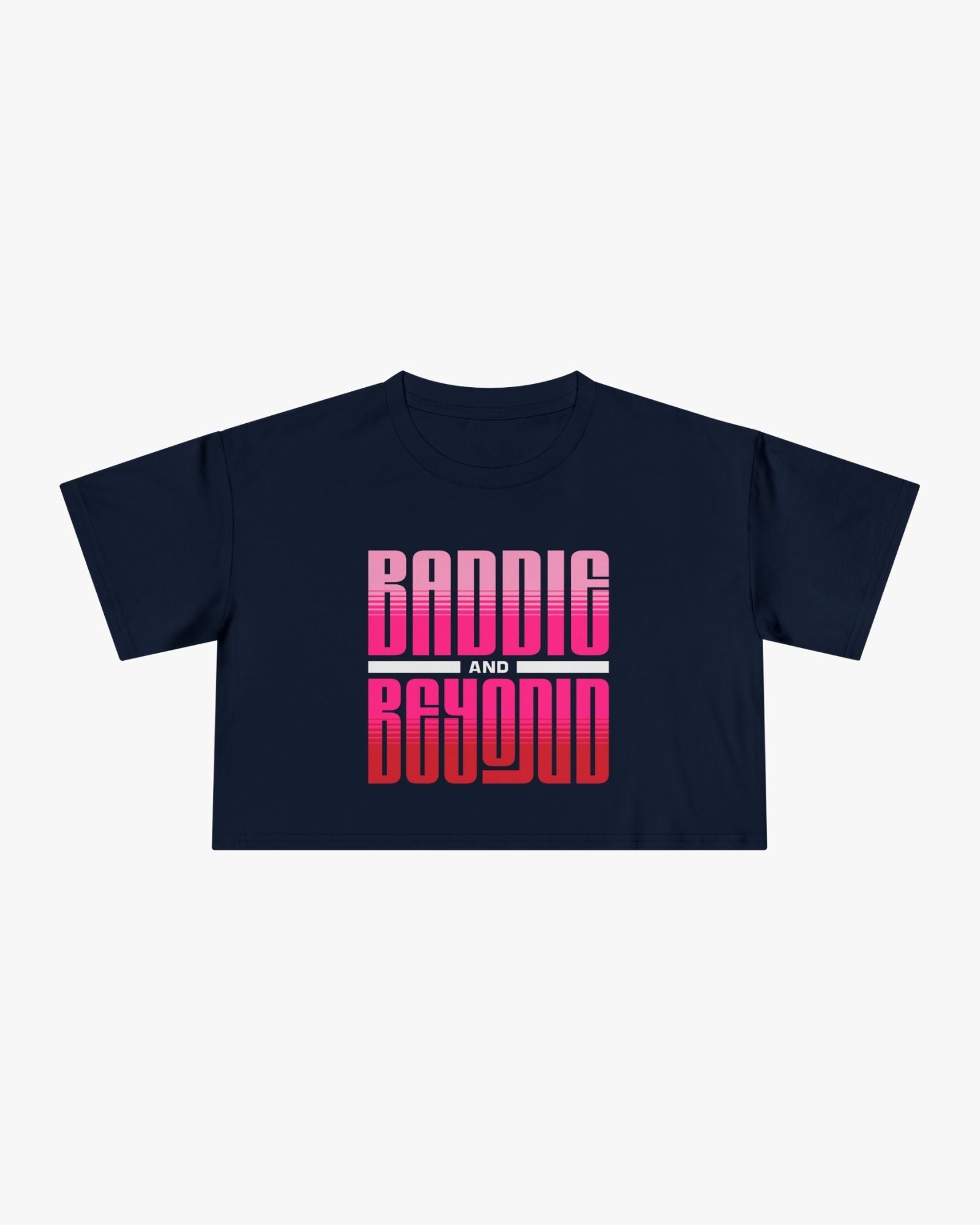 Navy blue t-shirt with 'Baddig and Beyond' text in pink and red on a white background