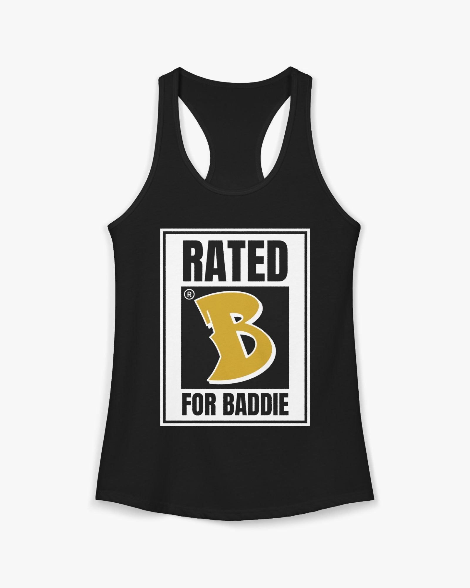Black tank top with 'Rated B for Baddie' graphic on a white background