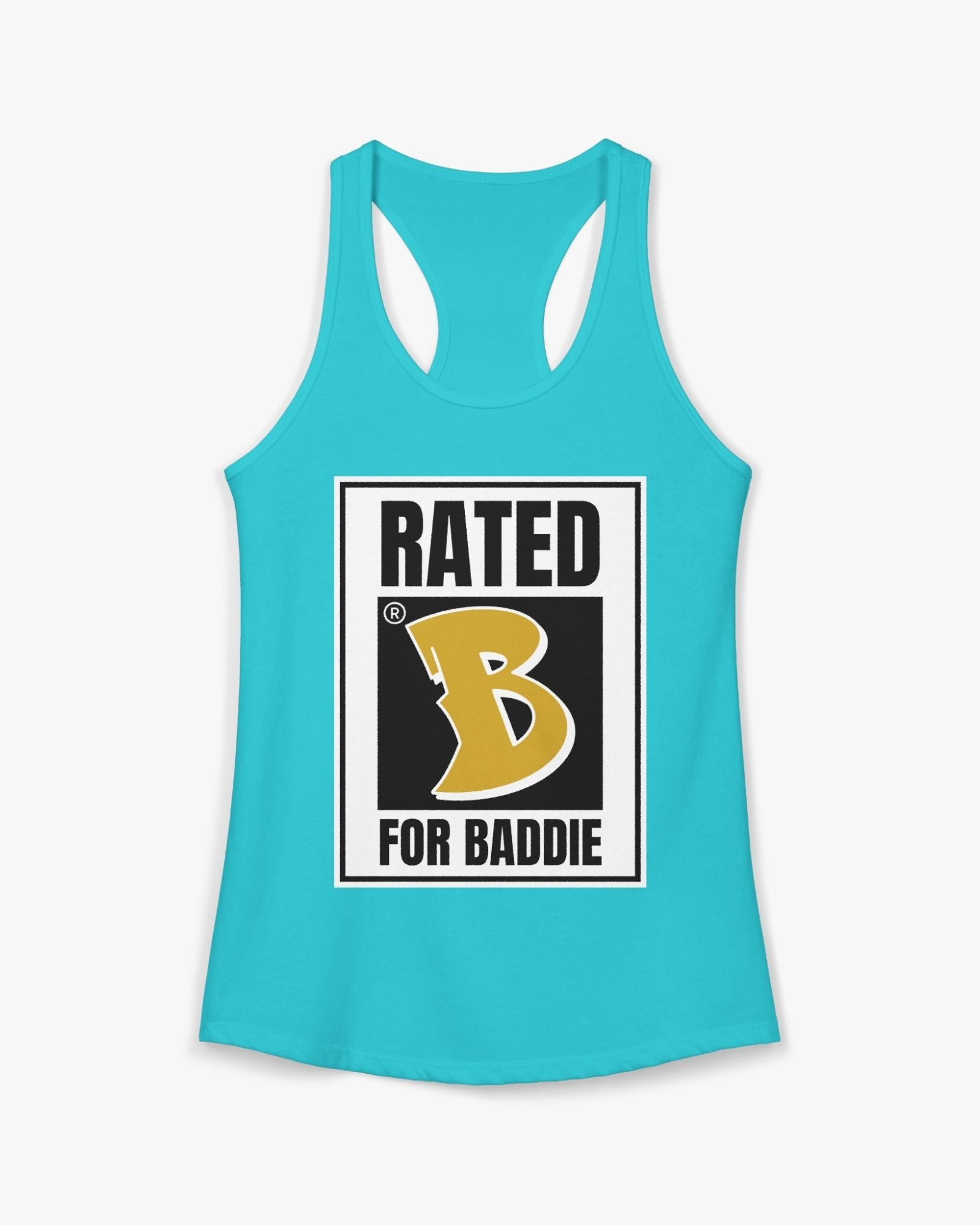 Turquoise tank top with 'Rated B for Baddie' graphic on a white background