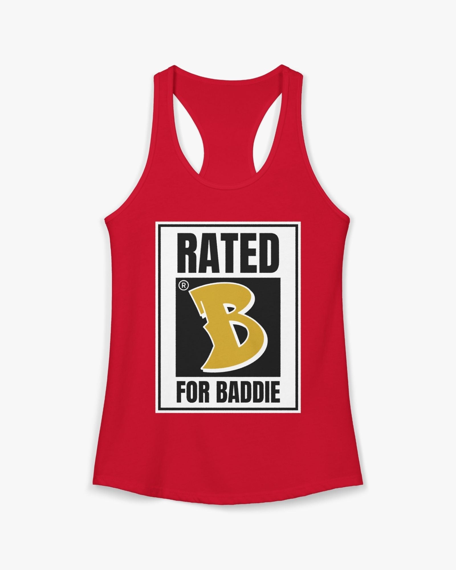 Red tank top with 'Rated B for Baddie' graphic on a white background