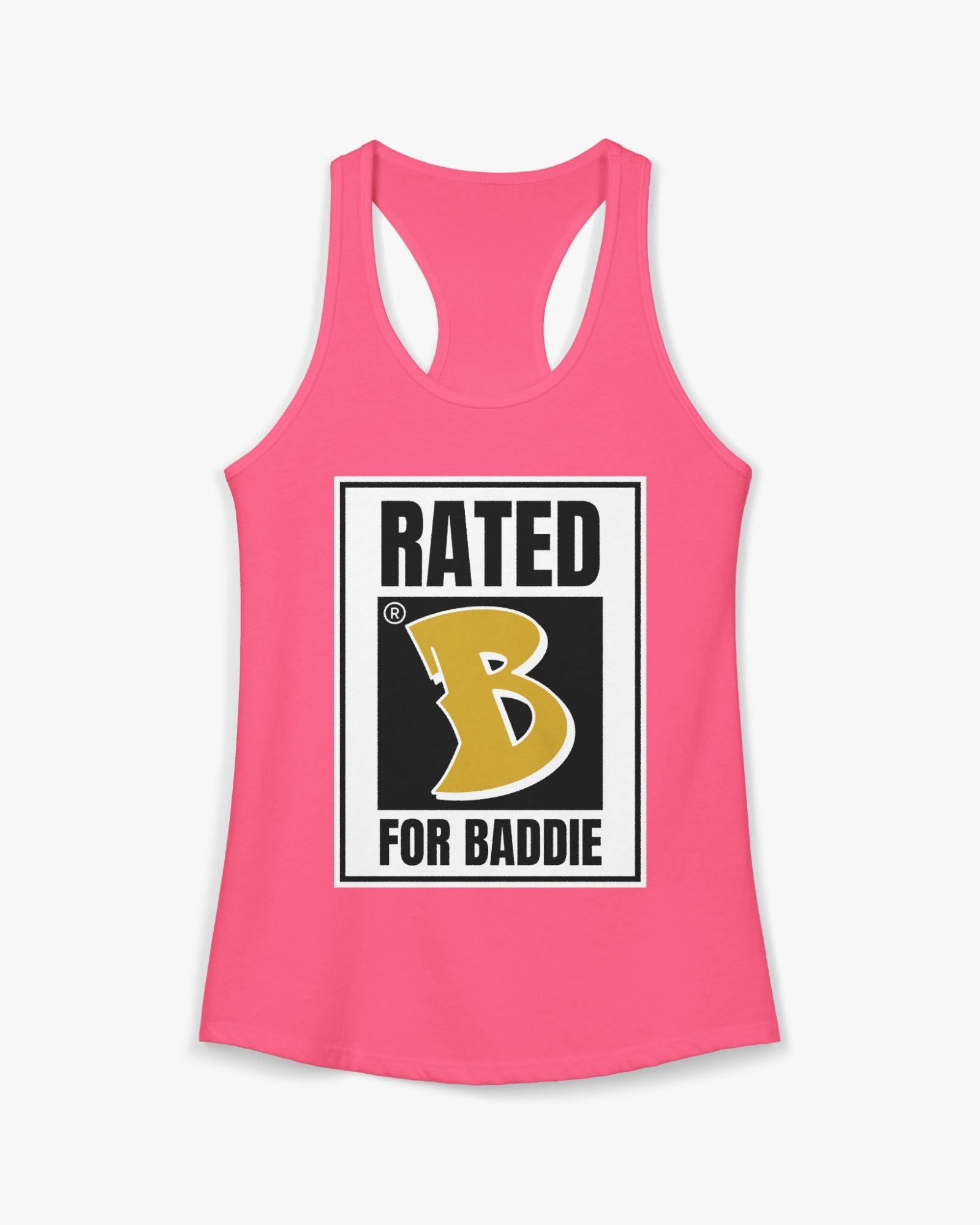 Pink tank top with 'Rated B for Baddie' graphic on a white background