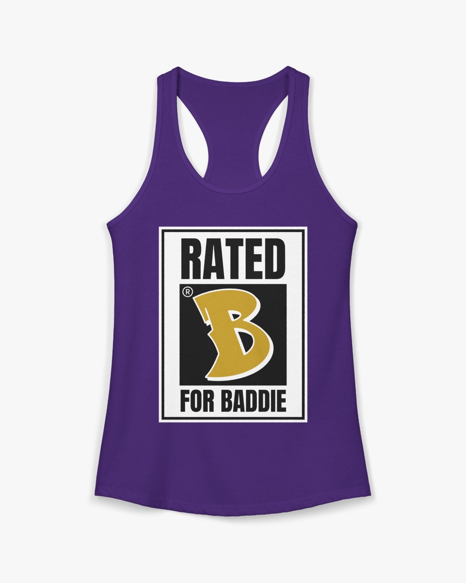 Purple tank top with 'Rated B for Baddie' graphic on a white background