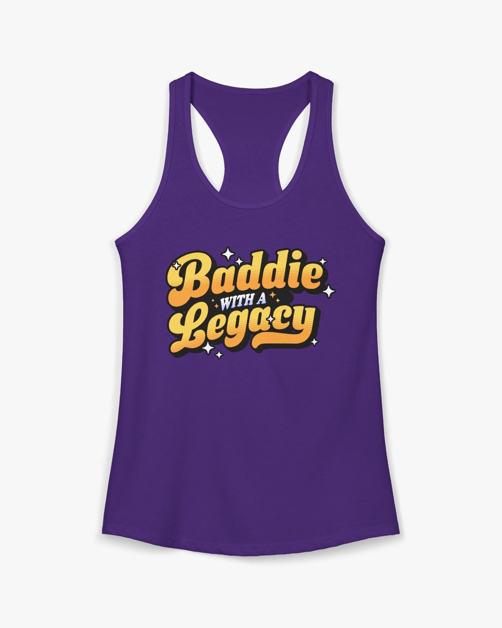 Purple tank top with 'Baddie with a Legacy' text on a white background