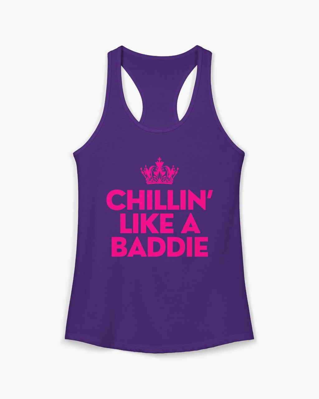 Purple tank top with pink text 'CHILLIN' LIKE A BADDIE' on a white background