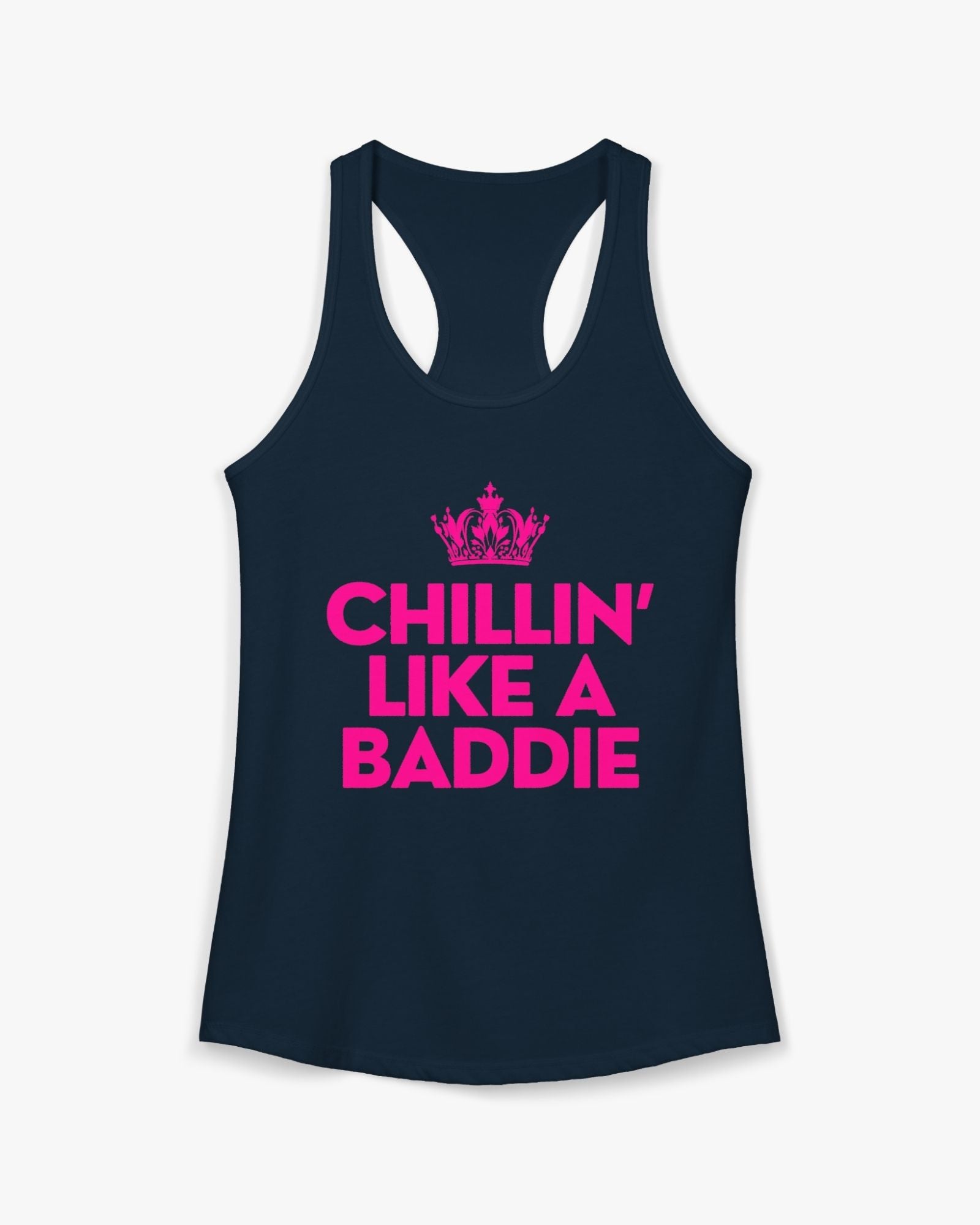 Navy tank top with pink text 'Chillin' Like a Baddie' on a white background