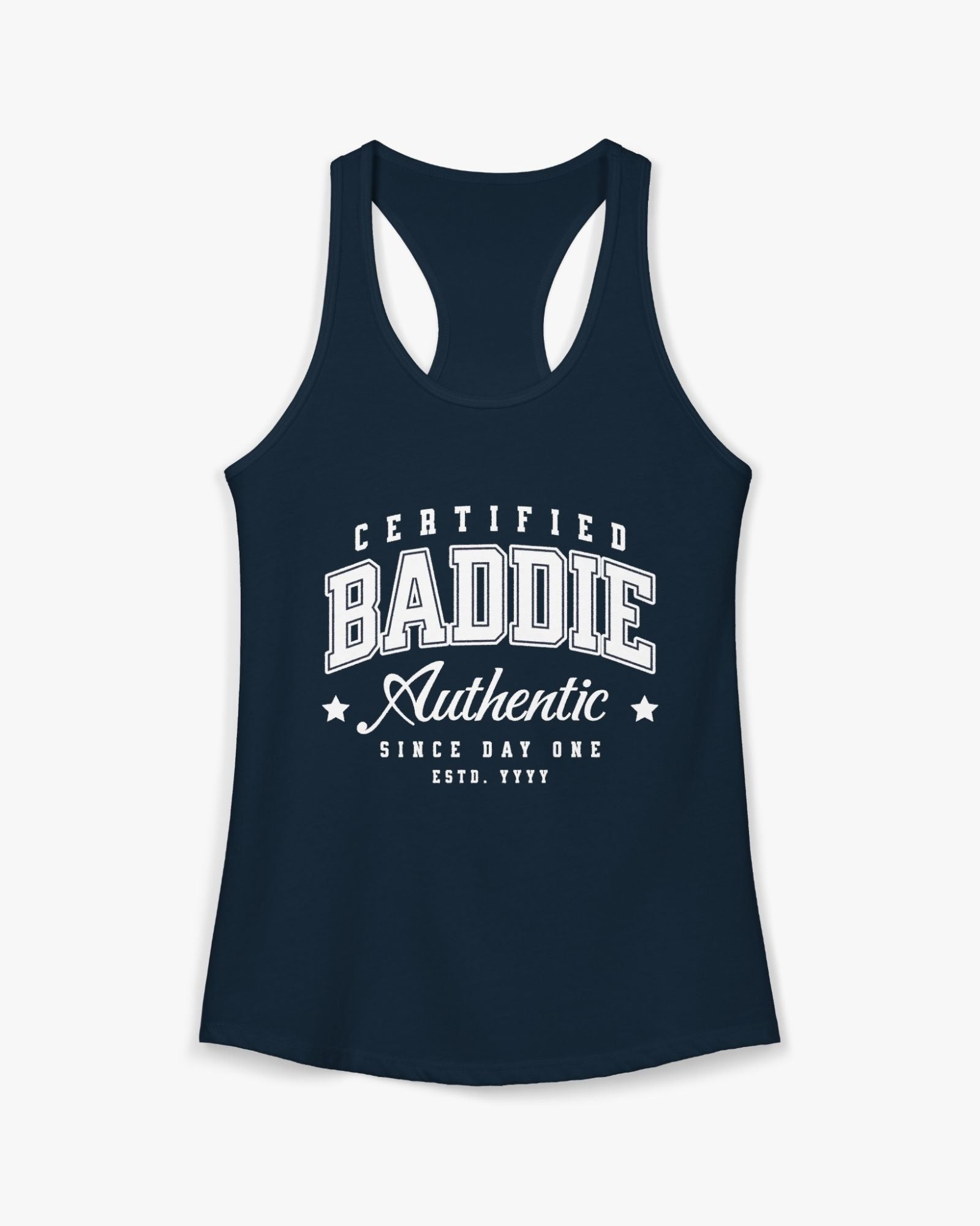Navy tank top with white text on a white background