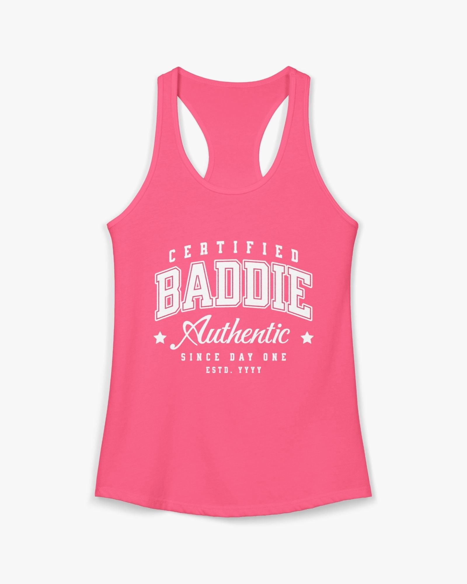 Pink tank top with white text on a white background
