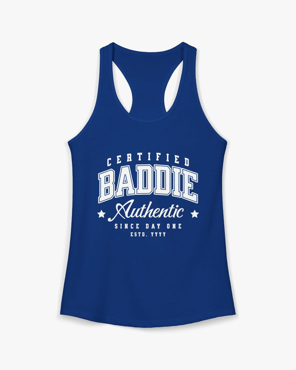 Blue tank top with white text on a white background