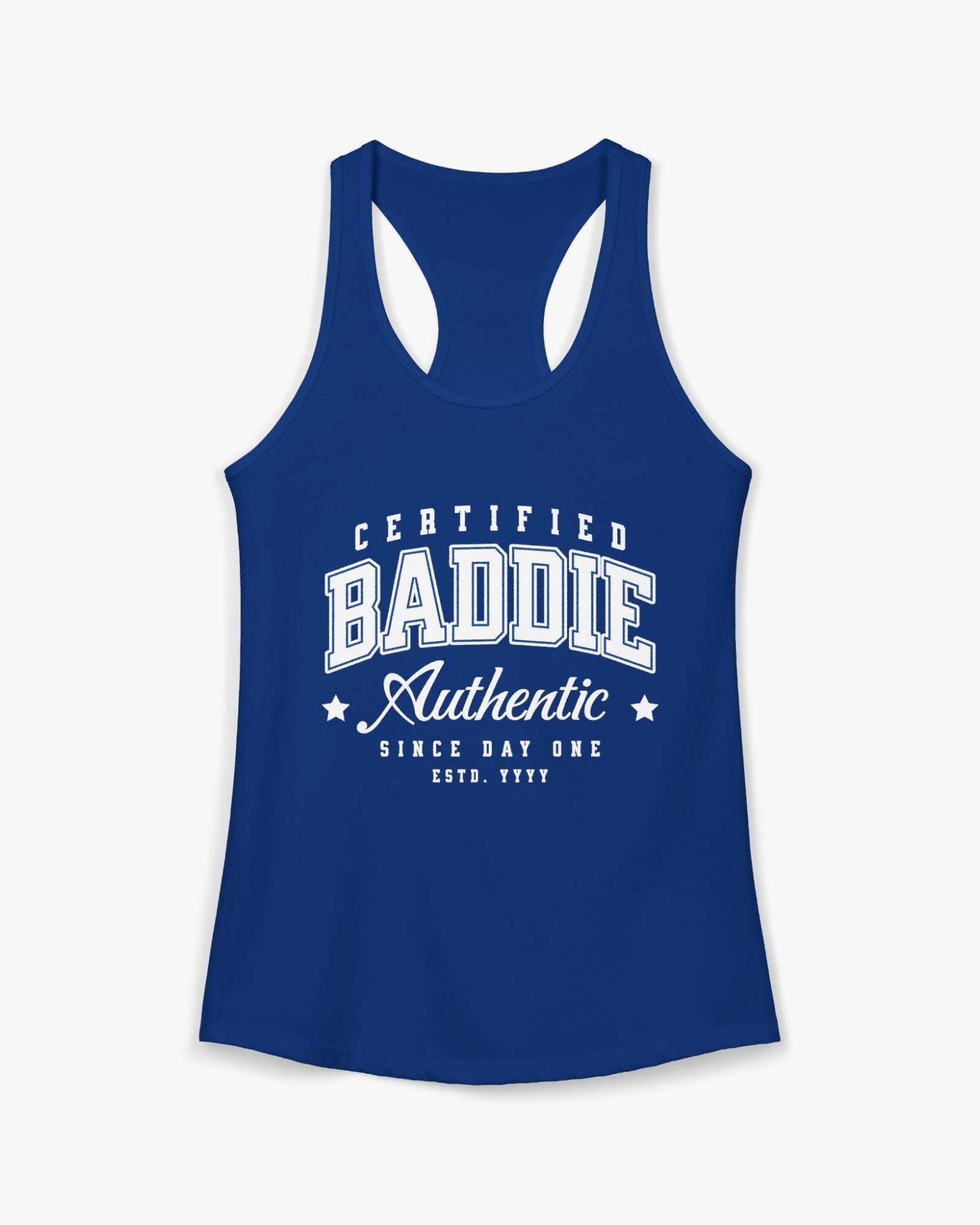 Blue tank top with white text on a white background