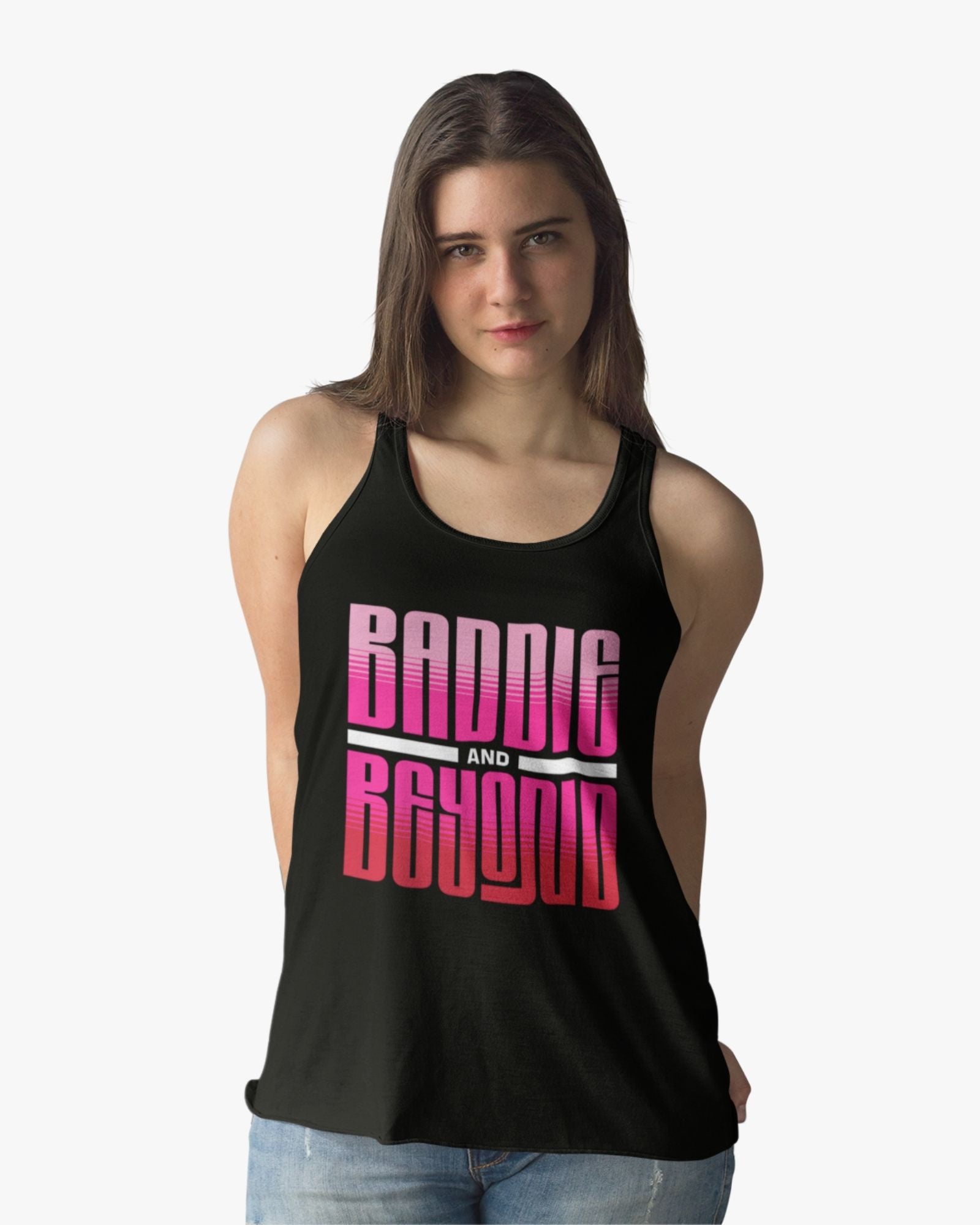 Woman wearing a black tank top with pink and white text on a white background