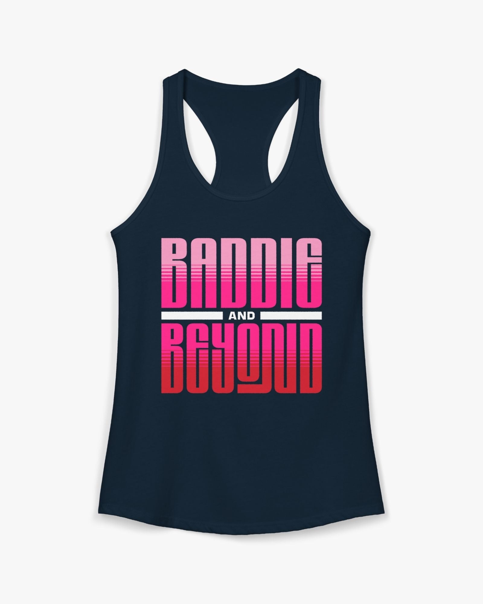 Navy tank top with 'Baddie and Beyond' text in pink and red on a white background