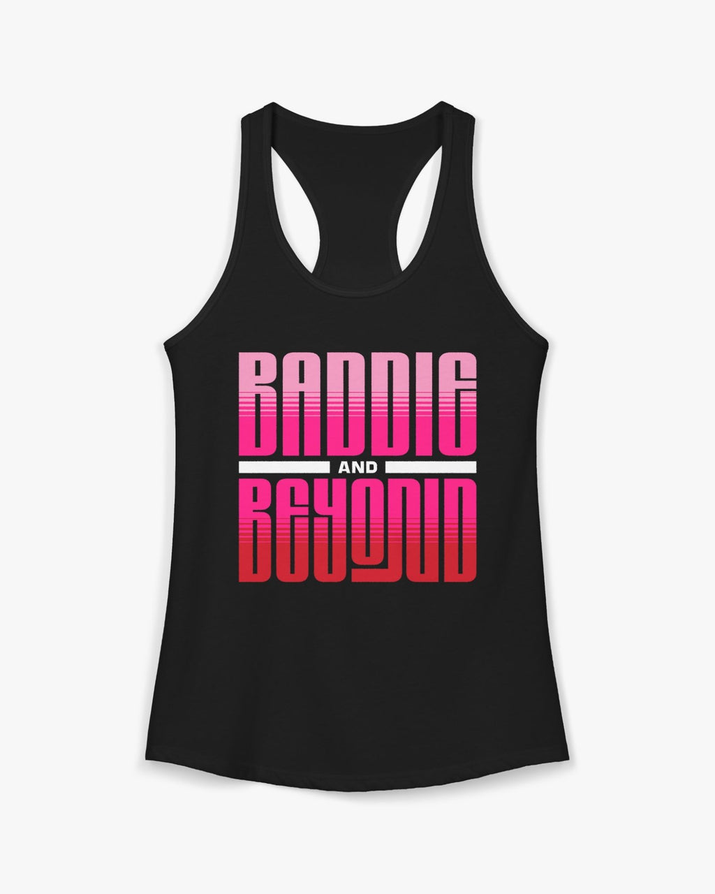 Black tank top with pink and red gradient text on a white background