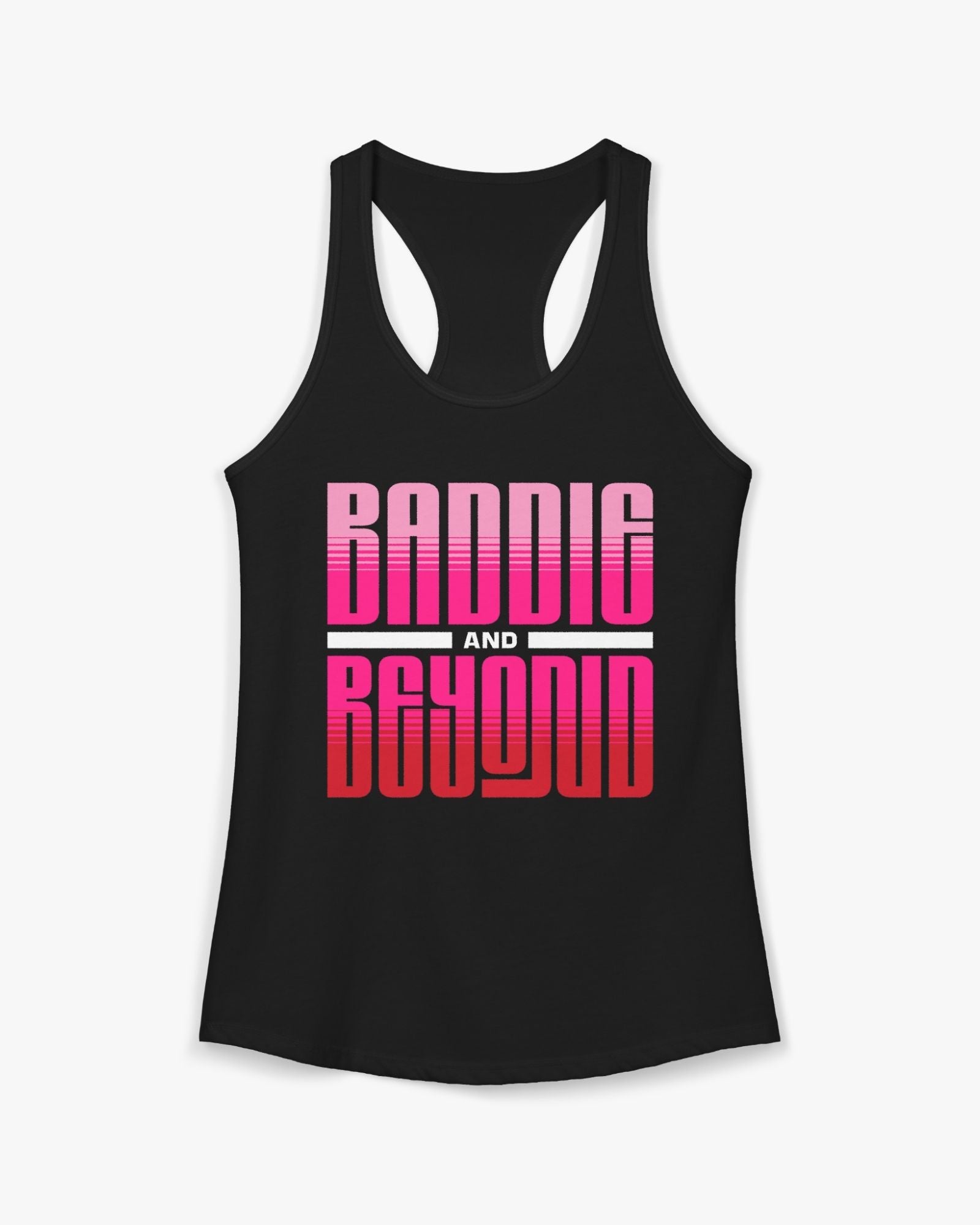 Black tank top with pink and red gradient text on a white background
