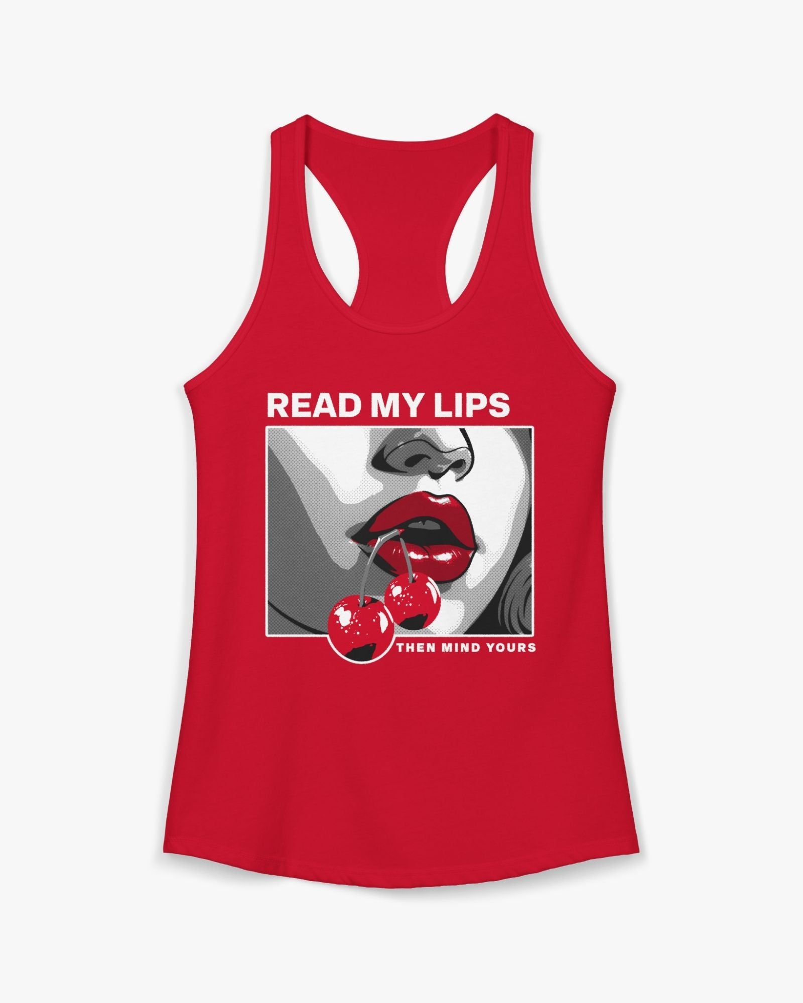 Red tank top with graphic design and text on a white background