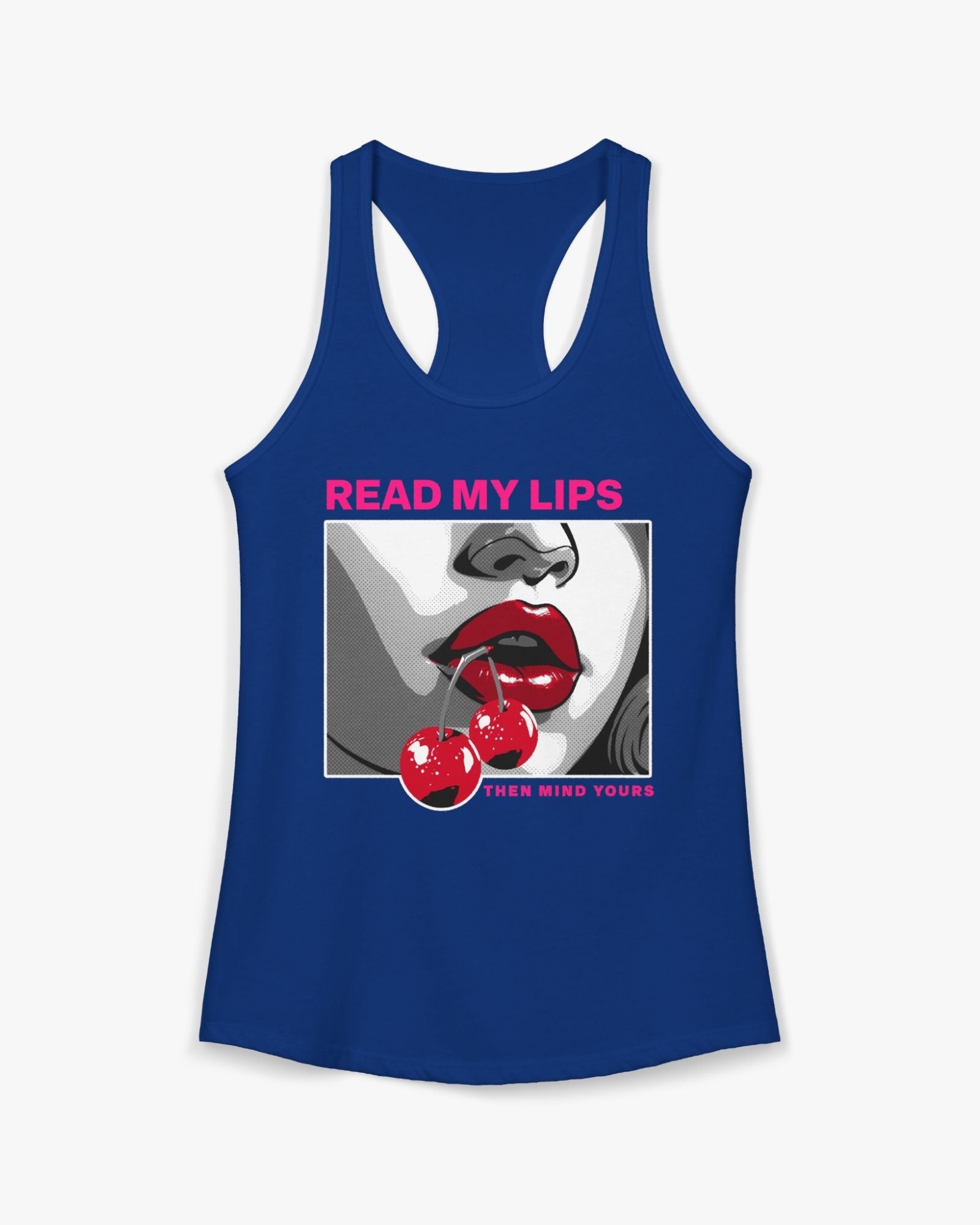 Blue tank top with graphic design of lips and cherries on a white background