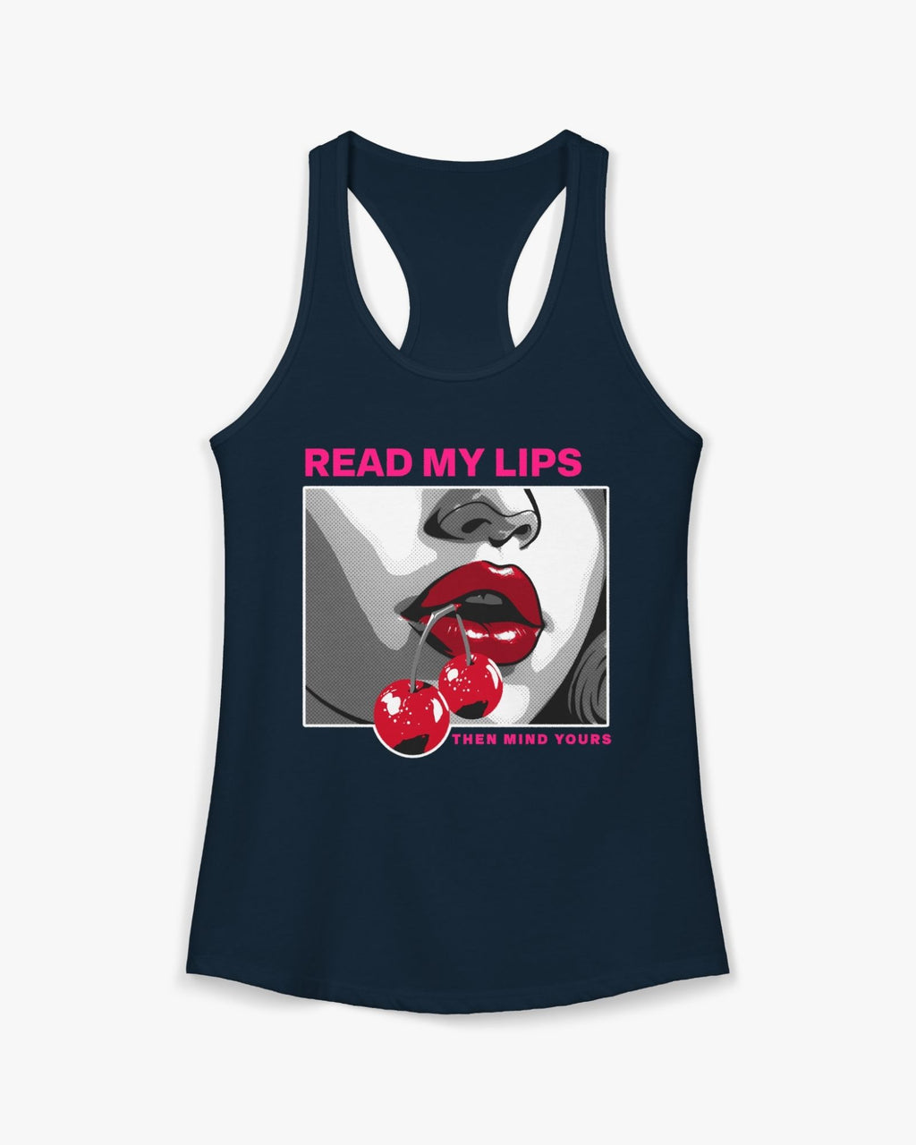 Navy tank top with graphic design of lips and cherries on a white background