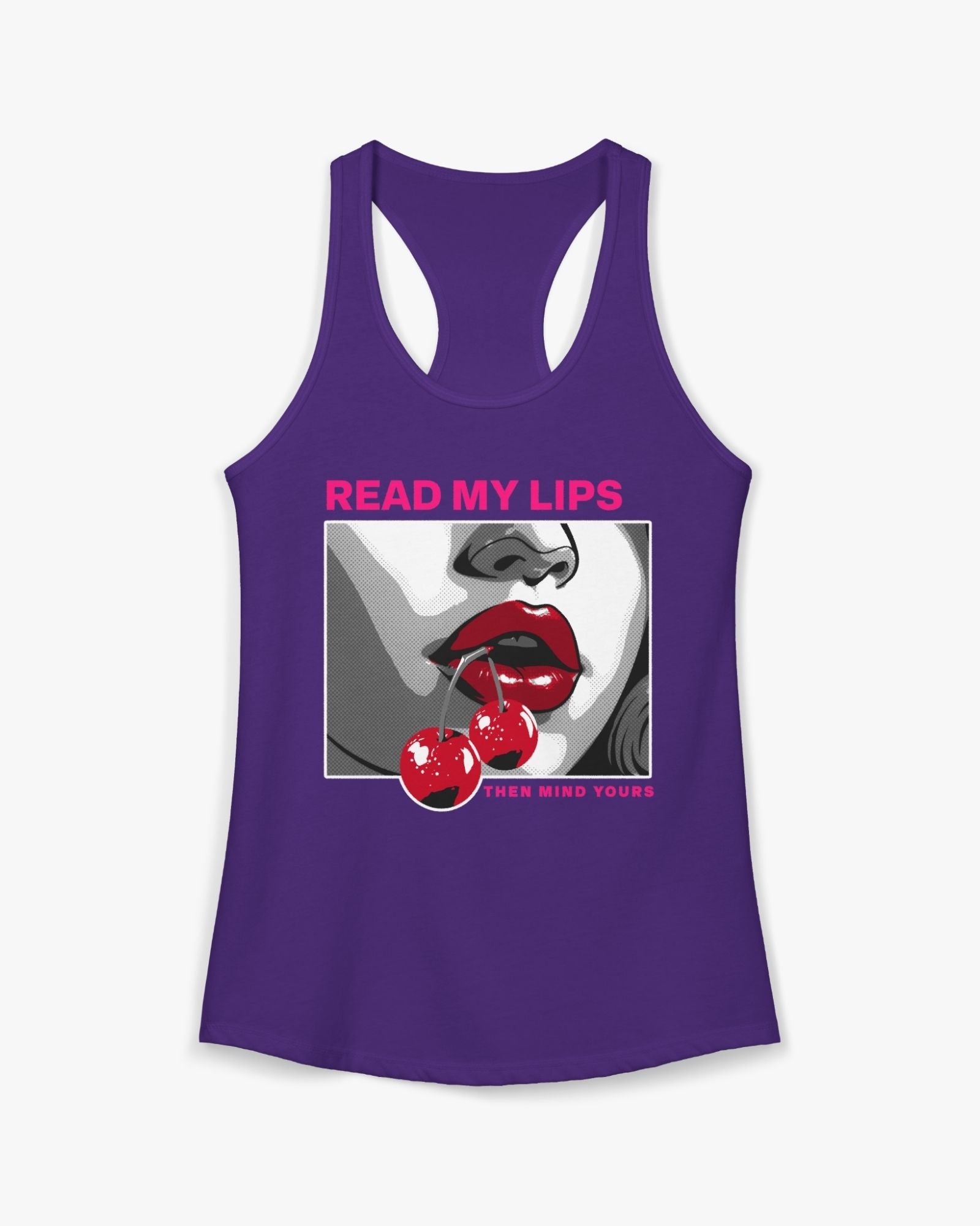 Purple tank top with graphic design of lips and cherries on a white background
