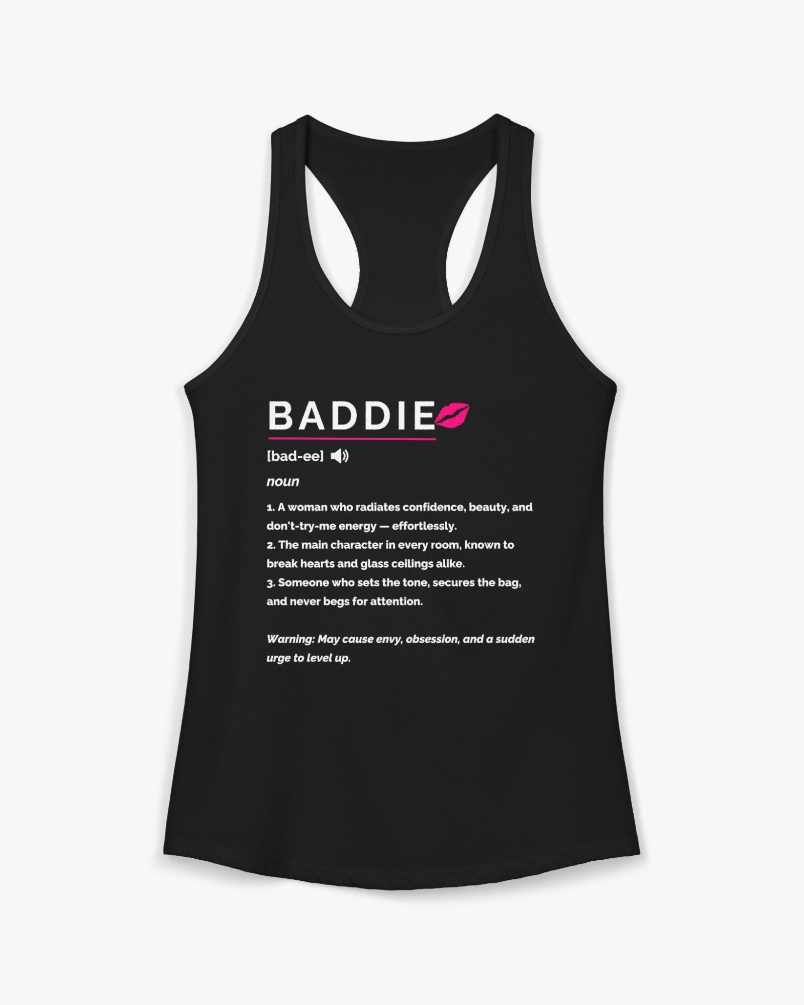 Black tank top with 'BADDIE' definition text on a white background
