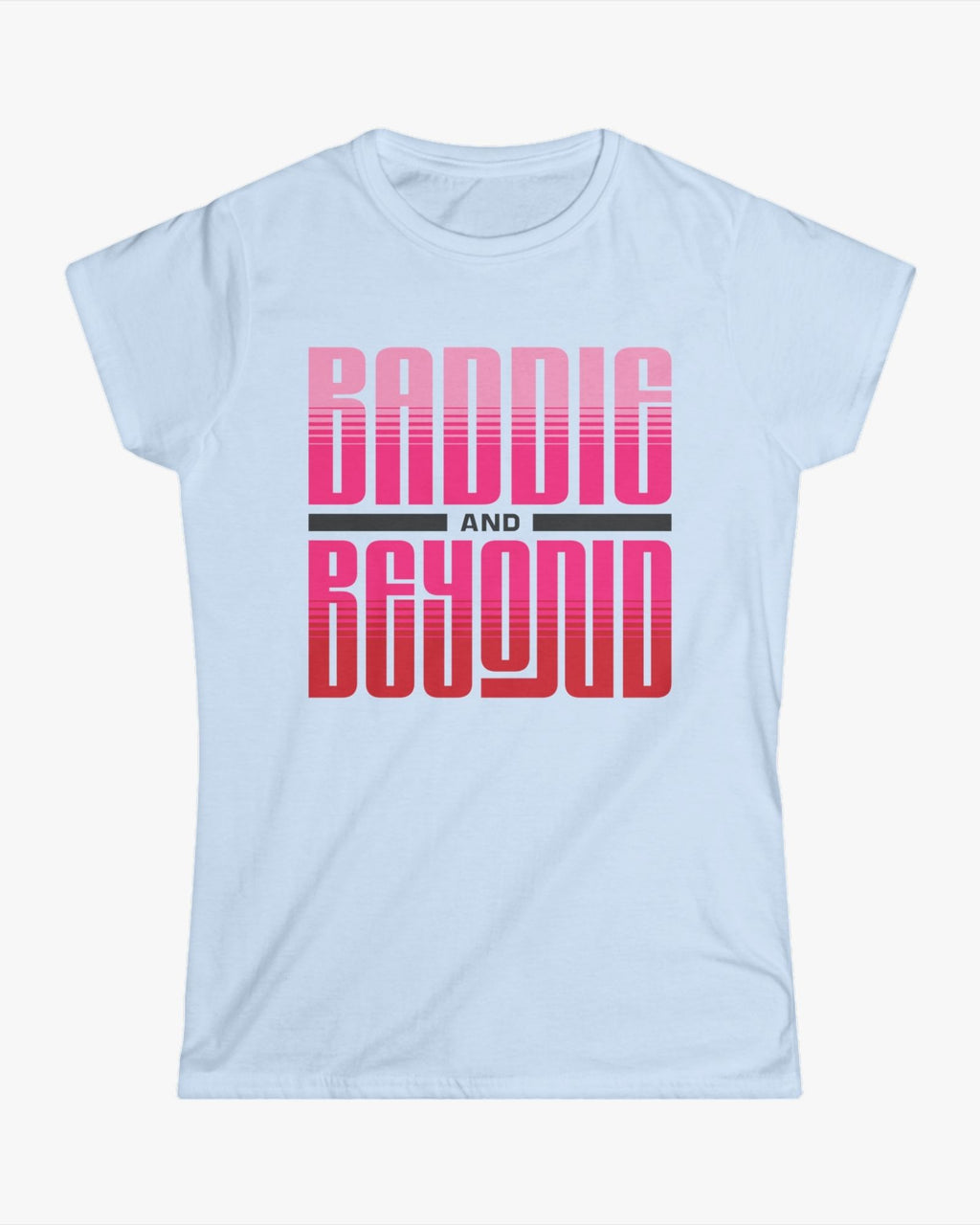 Light blue t-shirt with pink and red text on a white background