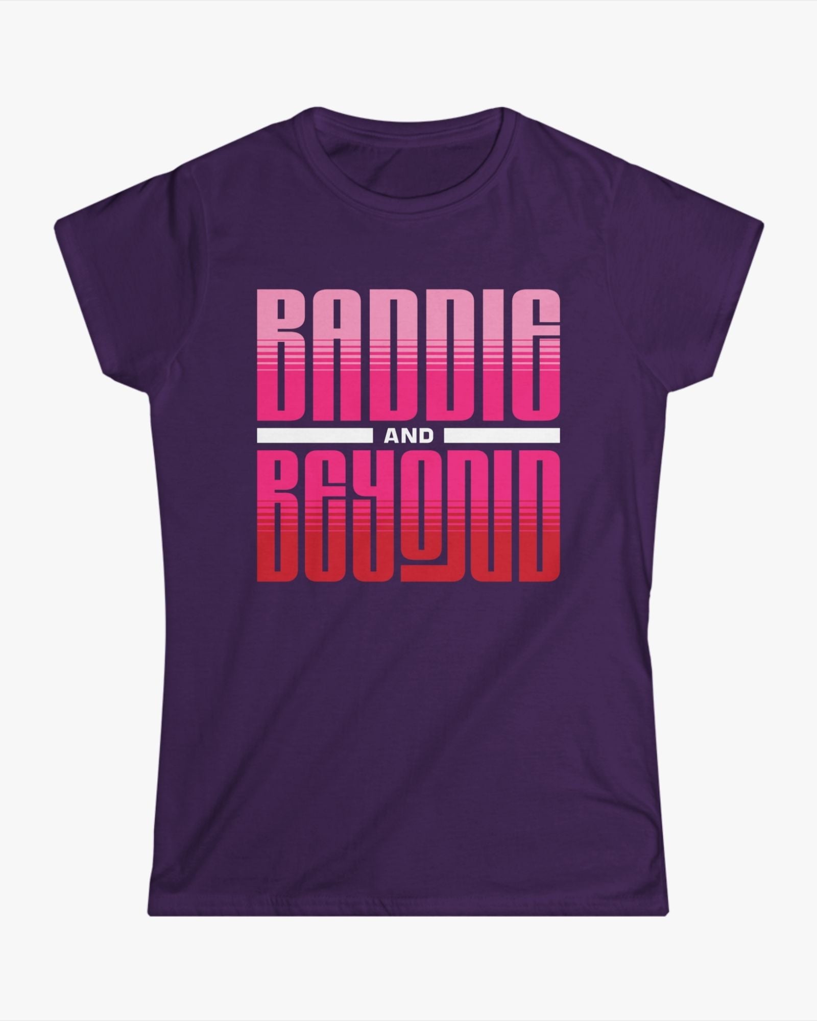 Purple t-shirt with 'Baddie and Beyond' text in pink and white on a white background