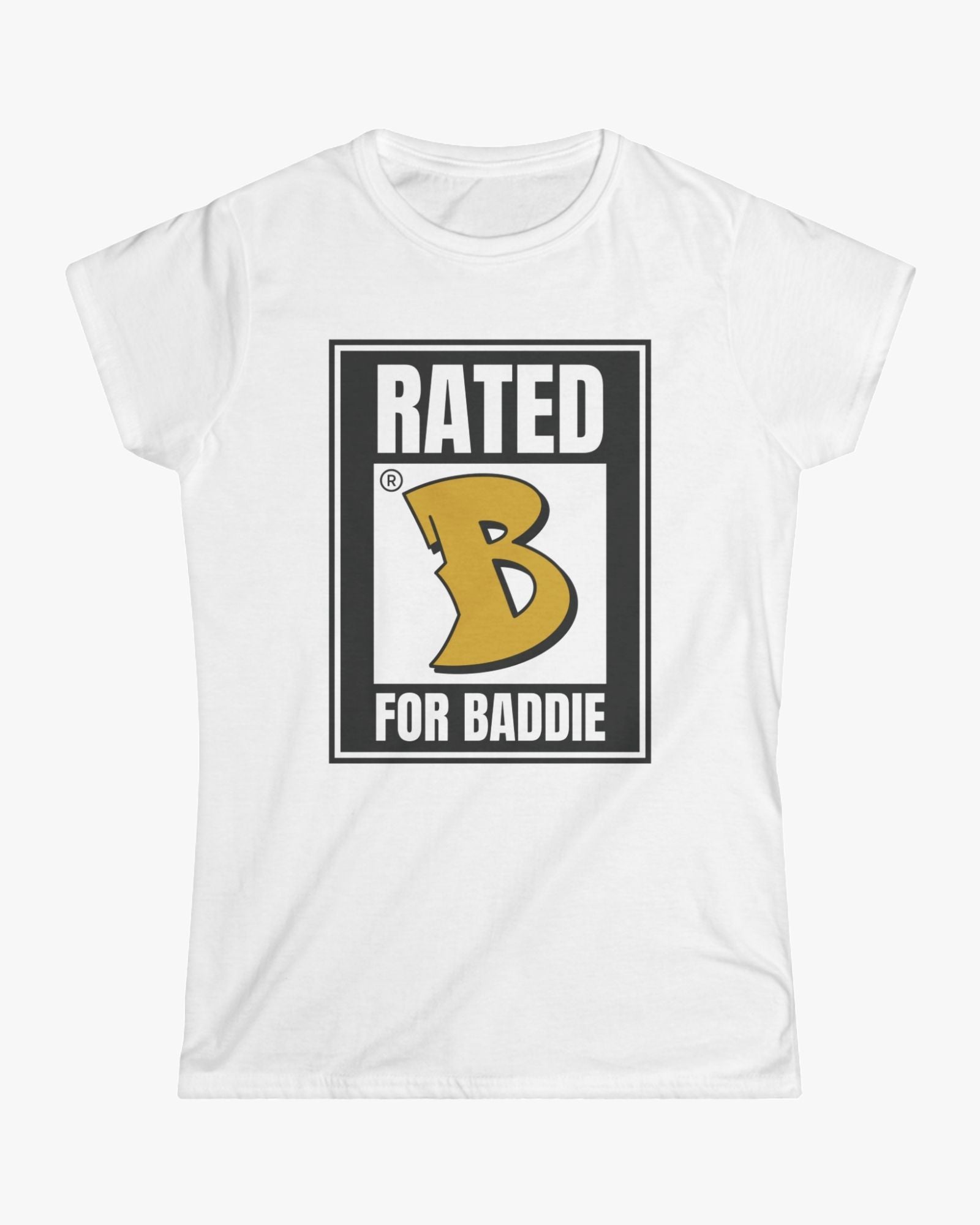 White t-shirt with 'Rated B for Baddie' graphic design on a white background