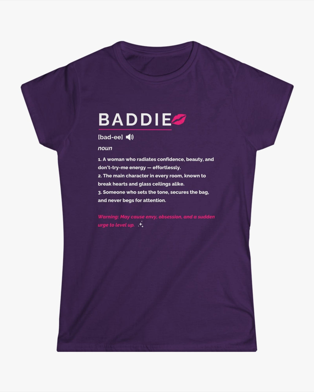 Purple t-shirt with 'BADDIE' definition text on a white background