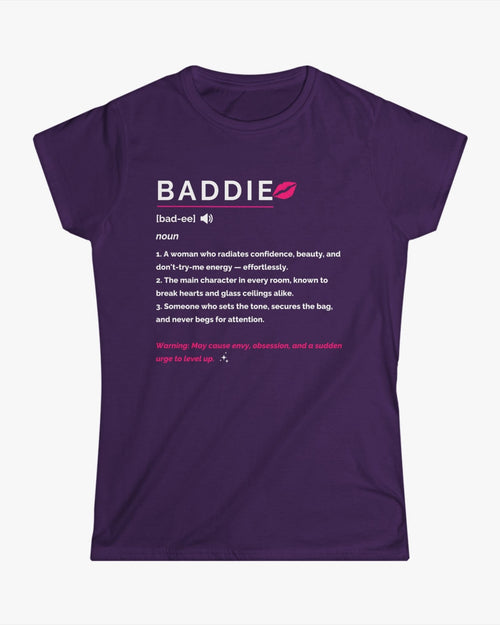 Purple t-shirt with 'BADDIE' definition text on a white background
