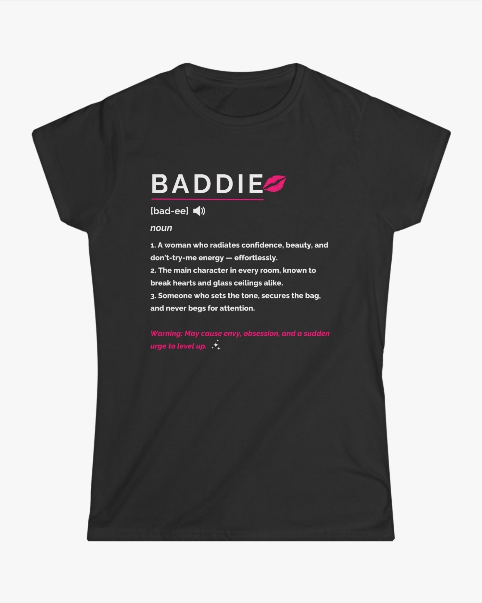 Black t-shirt with 'BADDIE' definition text on a white background