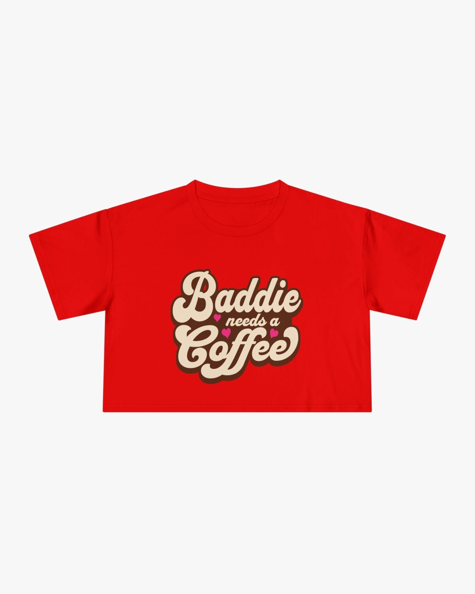 Red t-shirt with 'Baddie needs a Coffee' text on a white background