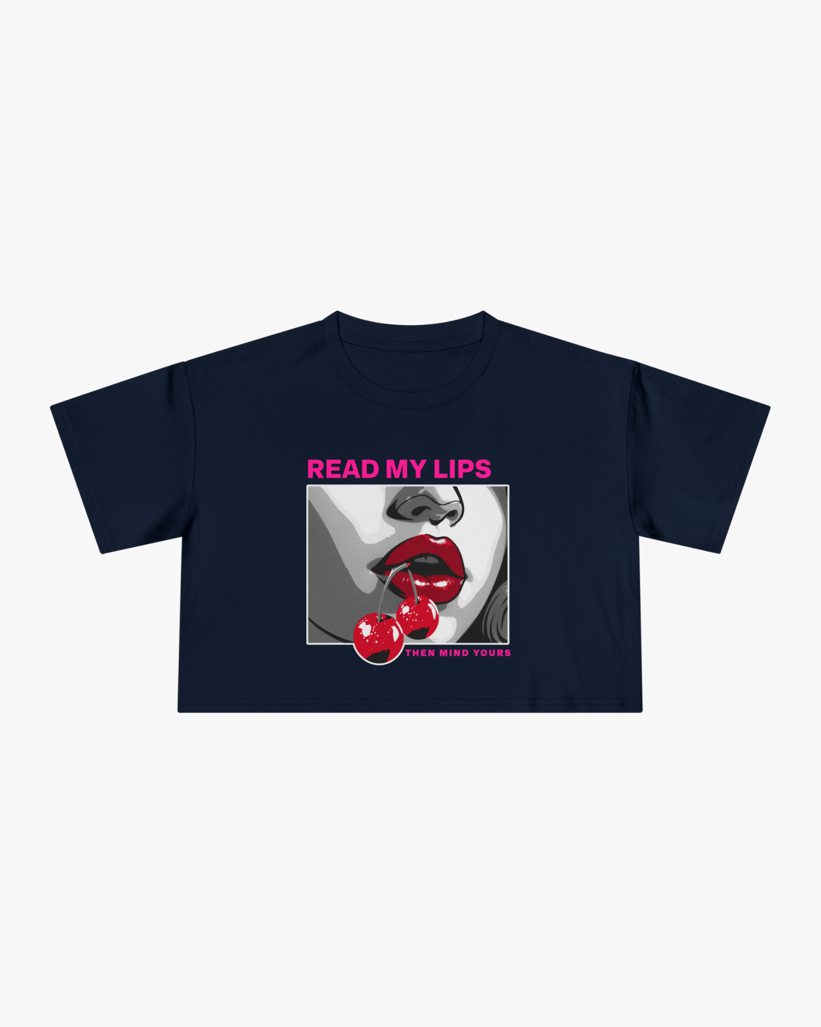 Black t-shirt with graphic design and text 'Read My Lips' on a white background