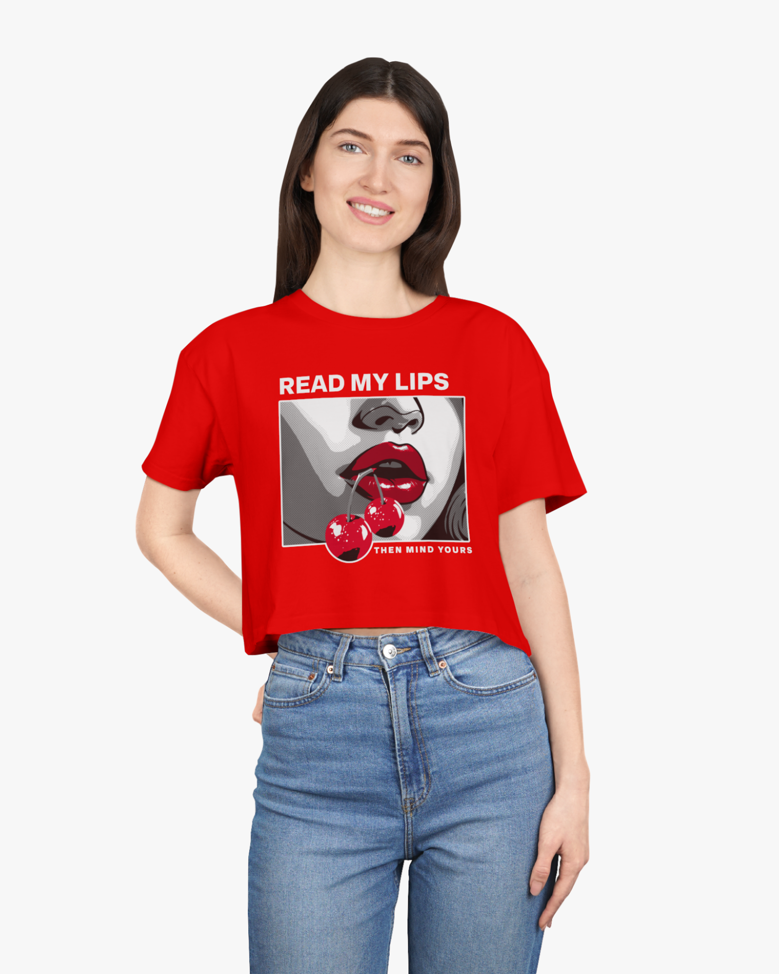 Person wearing a red t-shirt with a graphic design and text on a white background