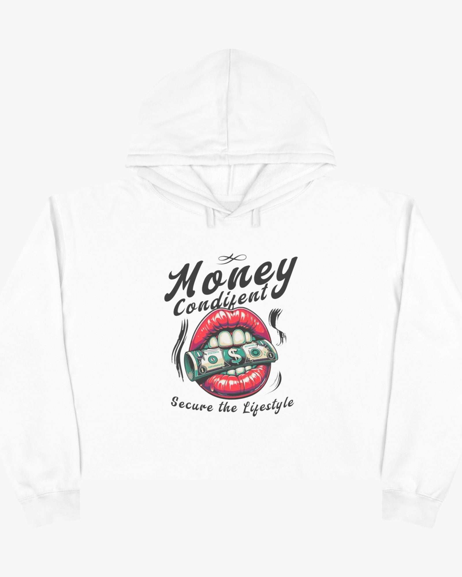 White hoodie with graphic design and text on a white background