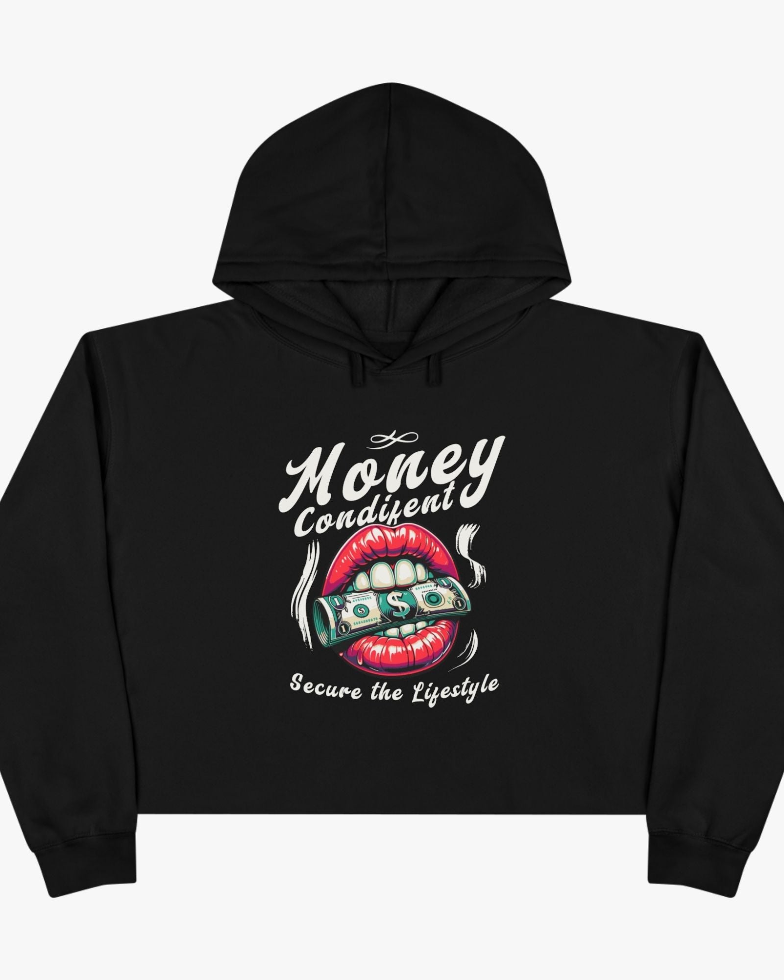 Black hoodie with graphic design and text on a white background