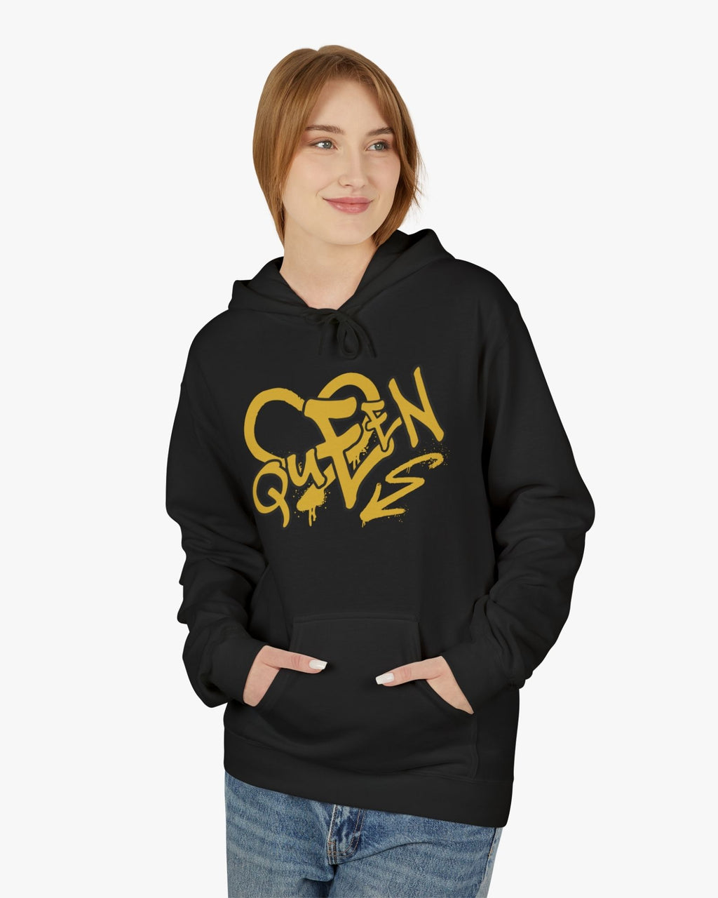 Person wearing a black hoodie with yellow text on a white background
