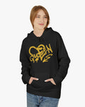 Person wearing a black hoodie with yellow text on a white background