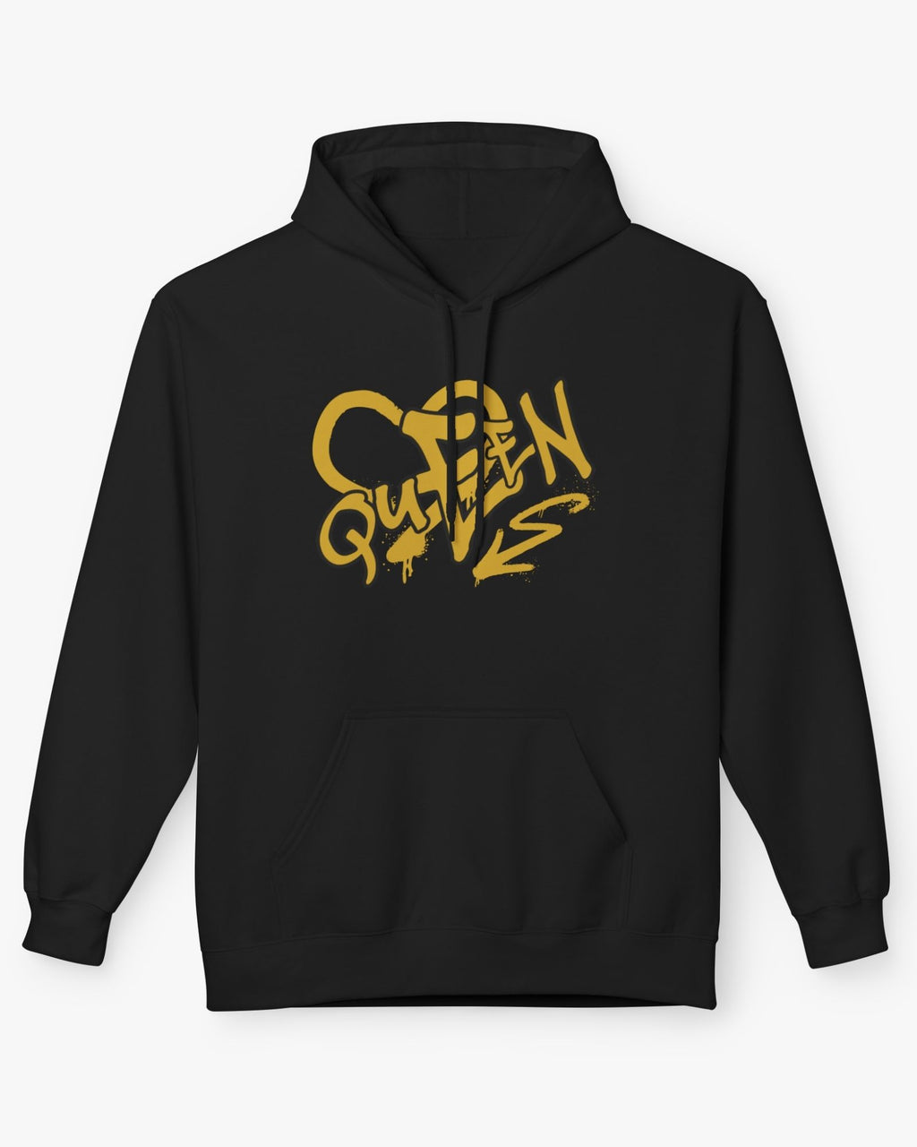 Black hoodie with yellow text on a white background
